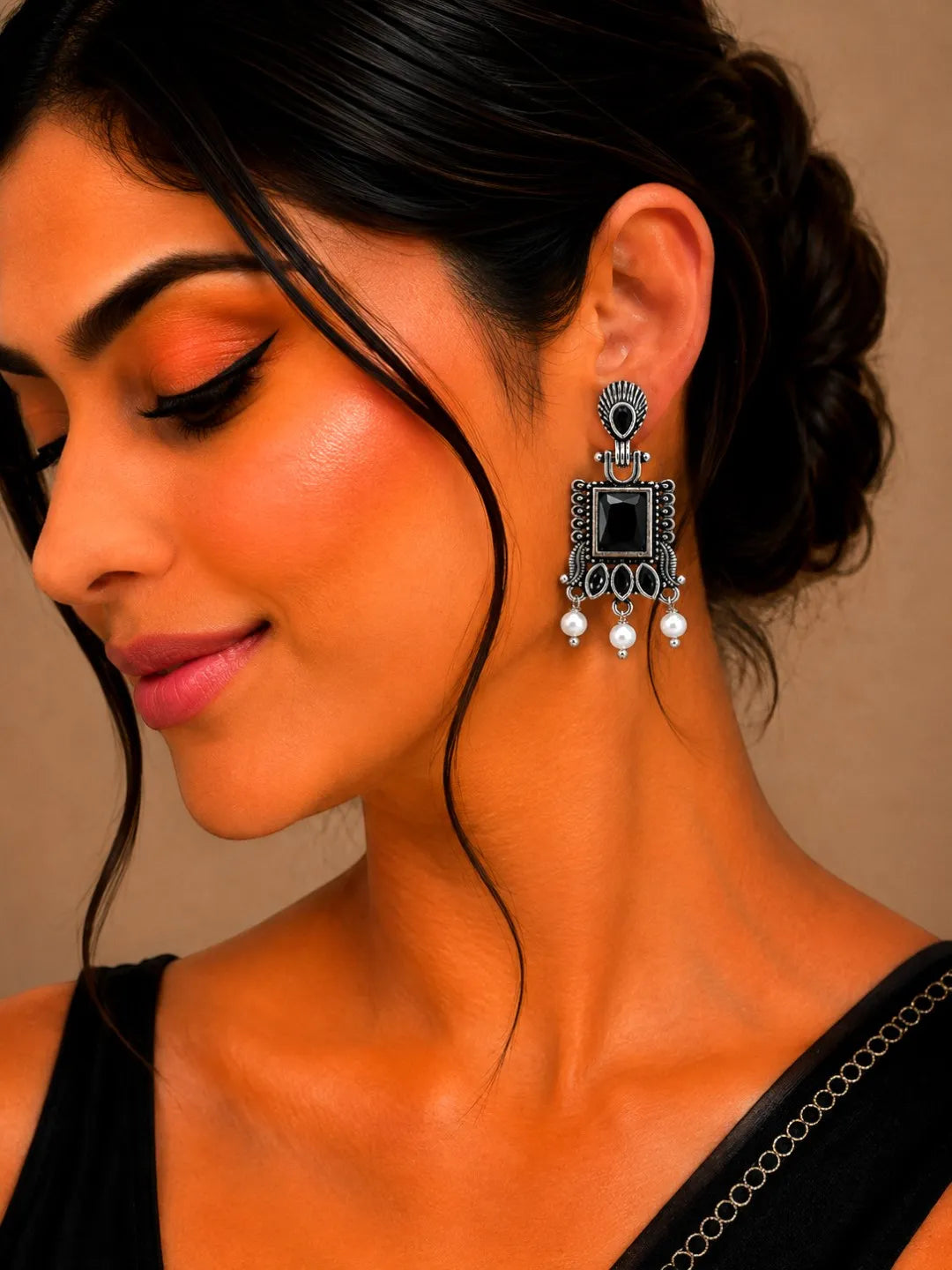 German Silver Black Geometric Statement Drop Earrings