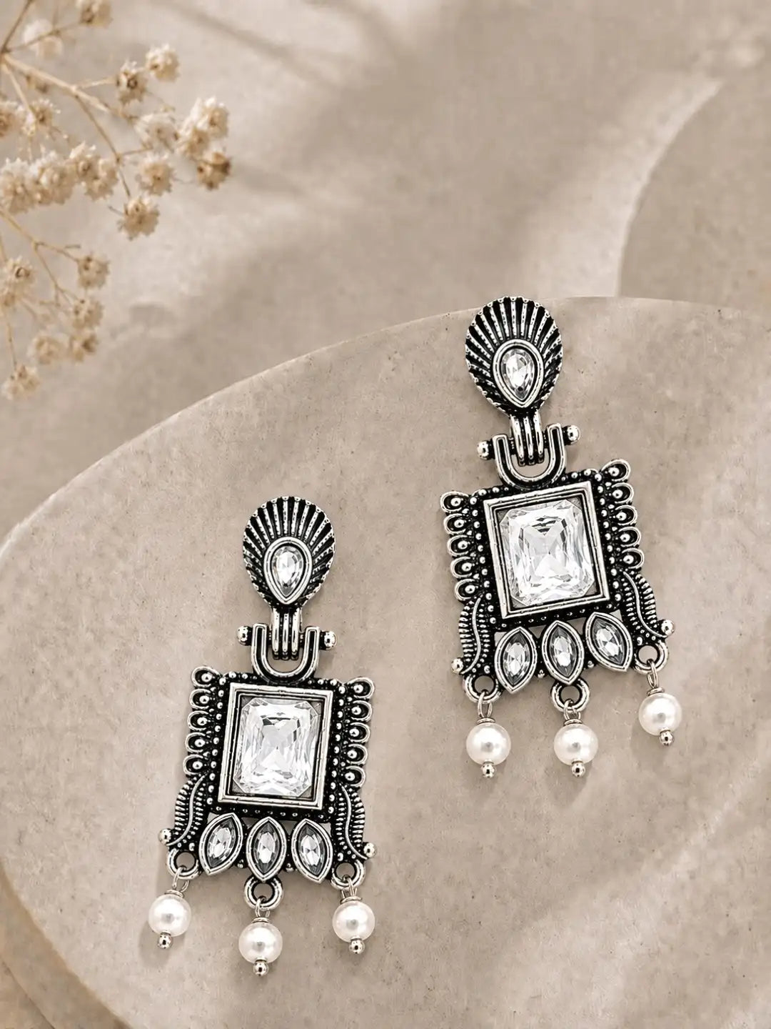 German Silver Clear White Geometric Statement Drop Earrings