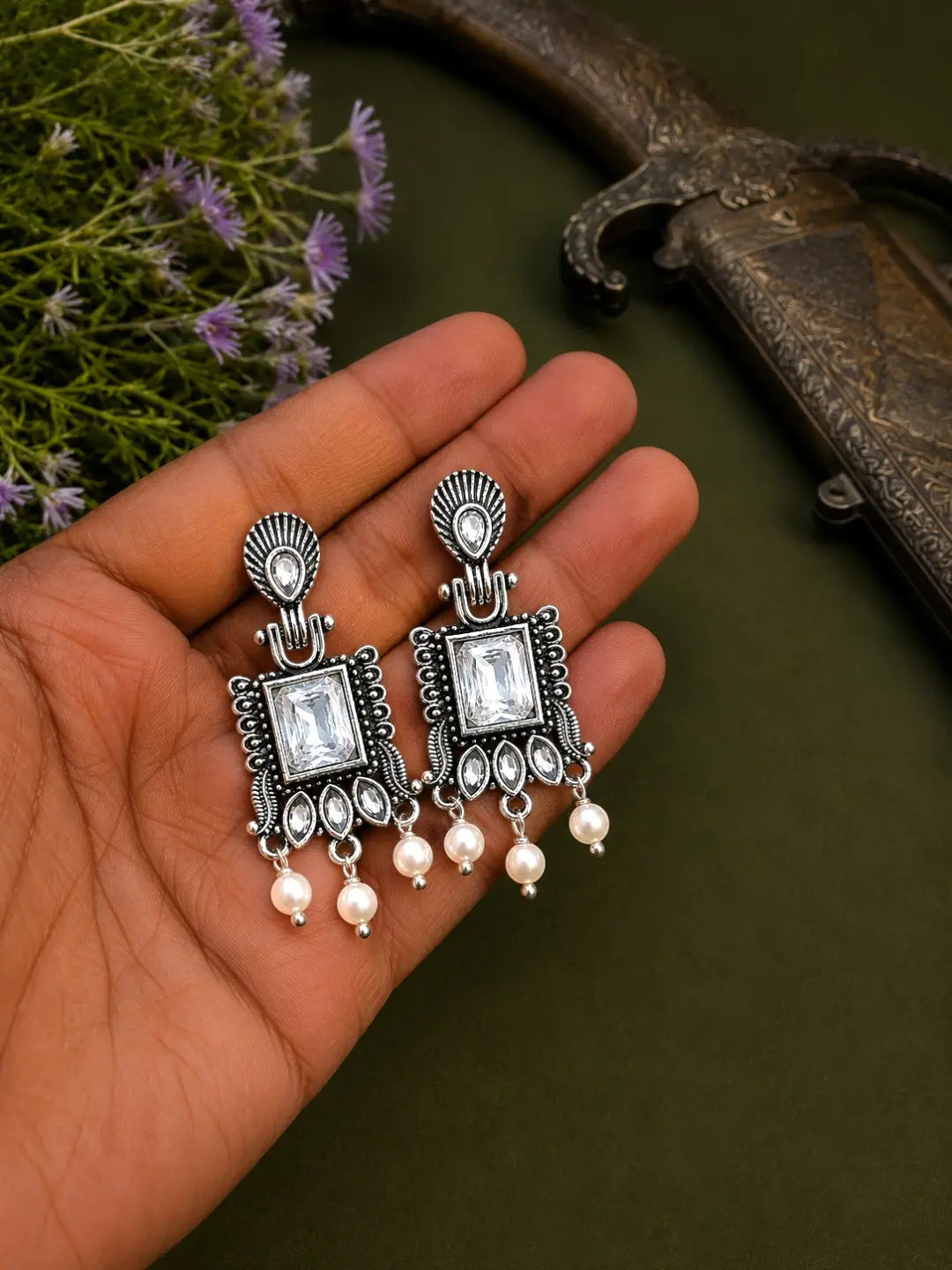 German Silver Clear White Geometric Statement Drop Earrings