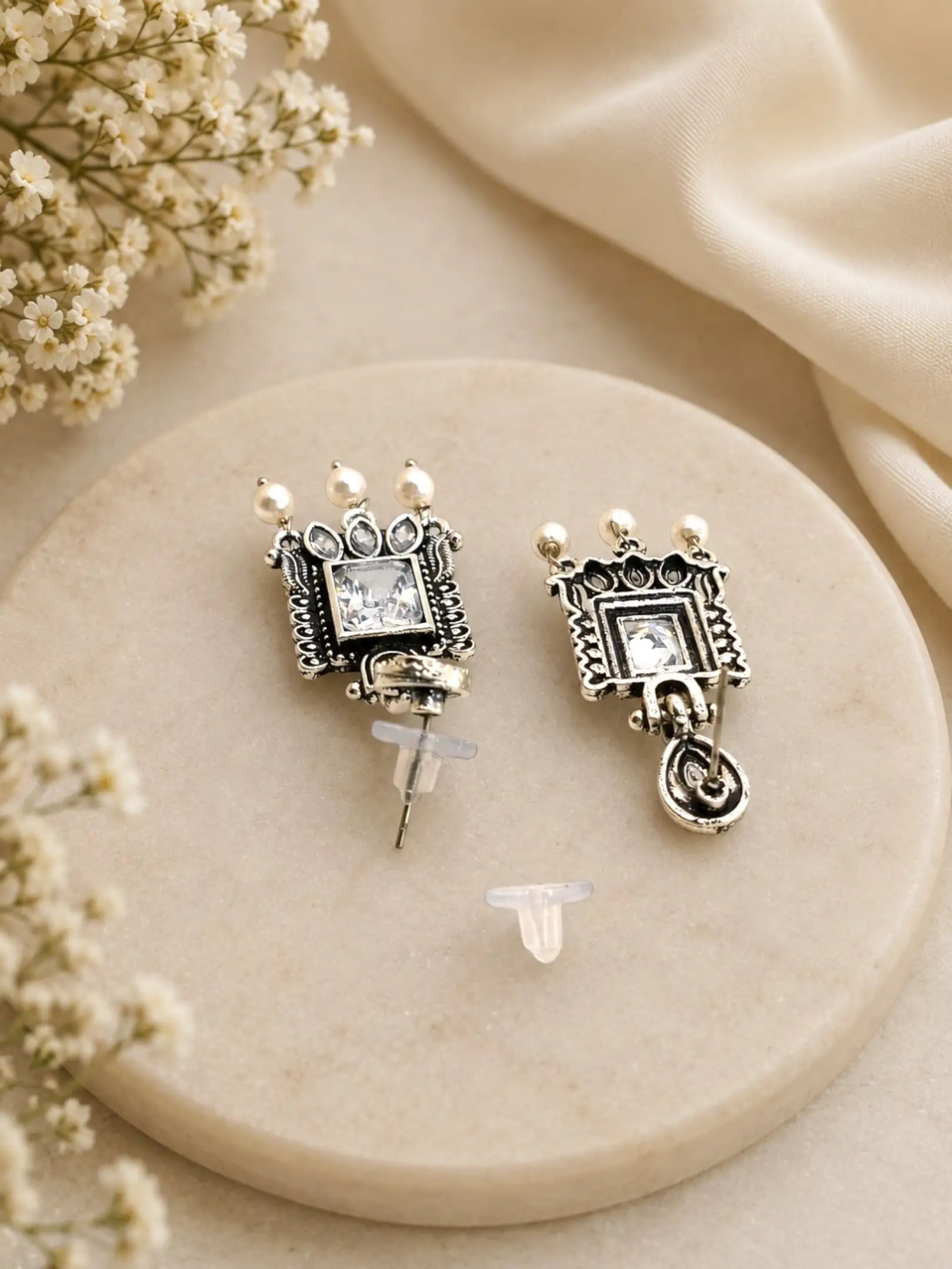 German Silver Clear White Geometric Statement Drop Earrings