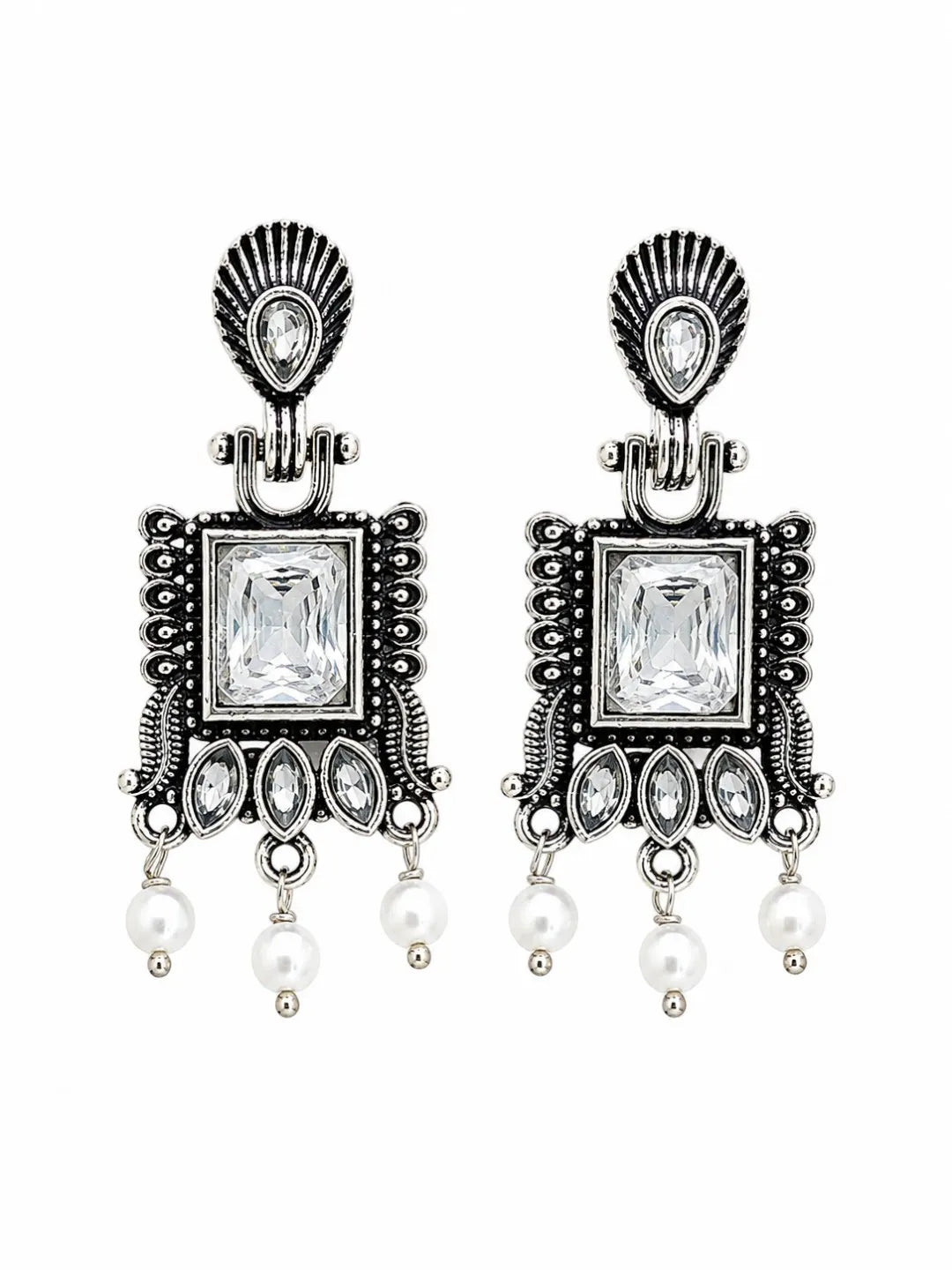 German Silver Clear White Geometric Statement Drop Earrings