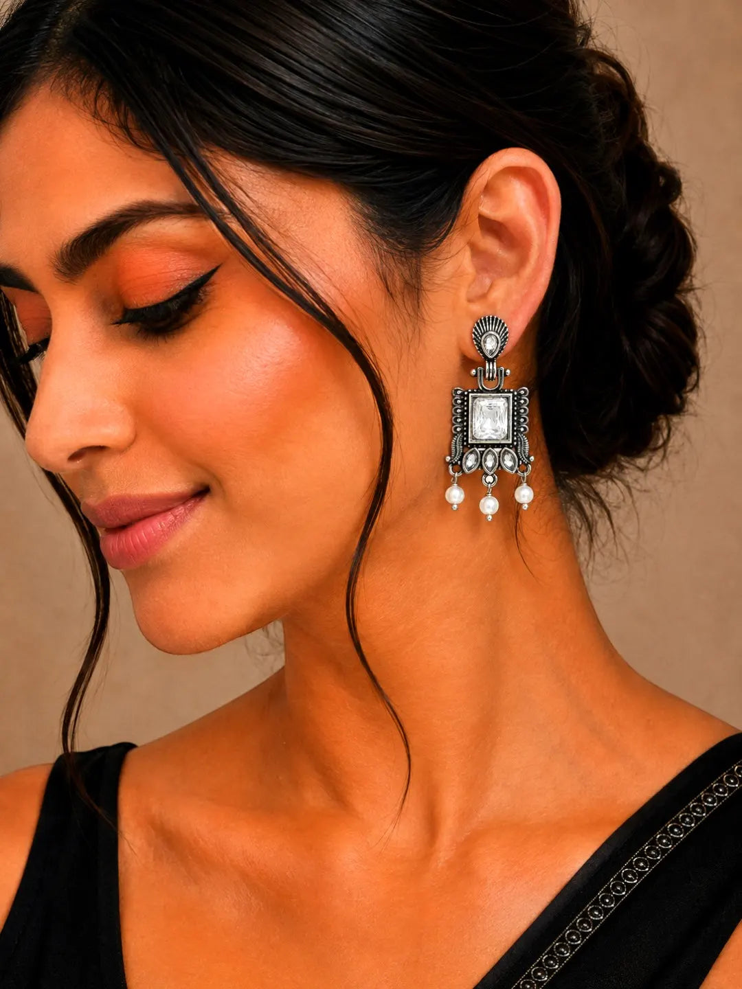 German Silver Clear White Geometric Statement Drop Earrings