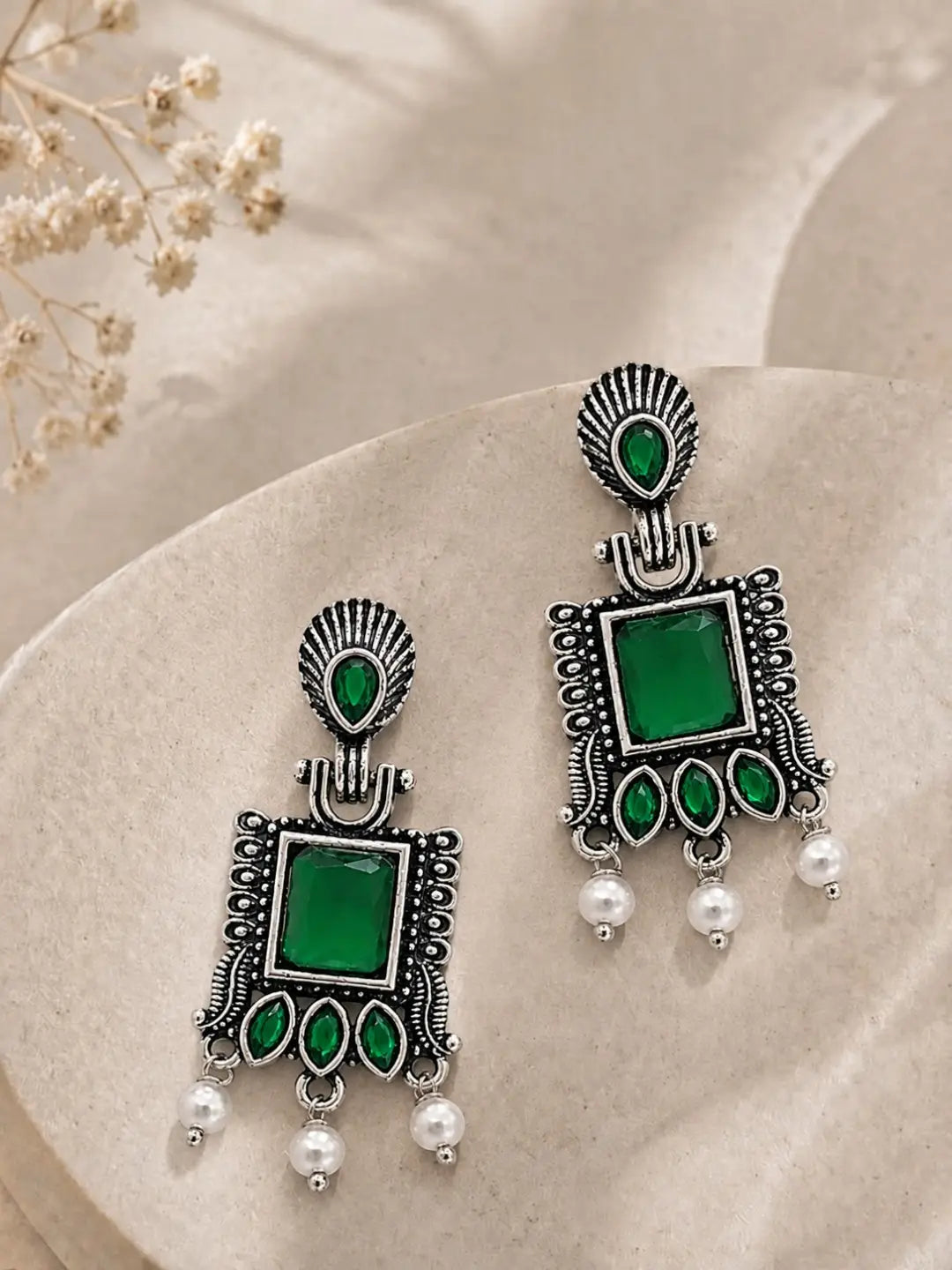 German Silver Green Geometric Statement Drop Earrings