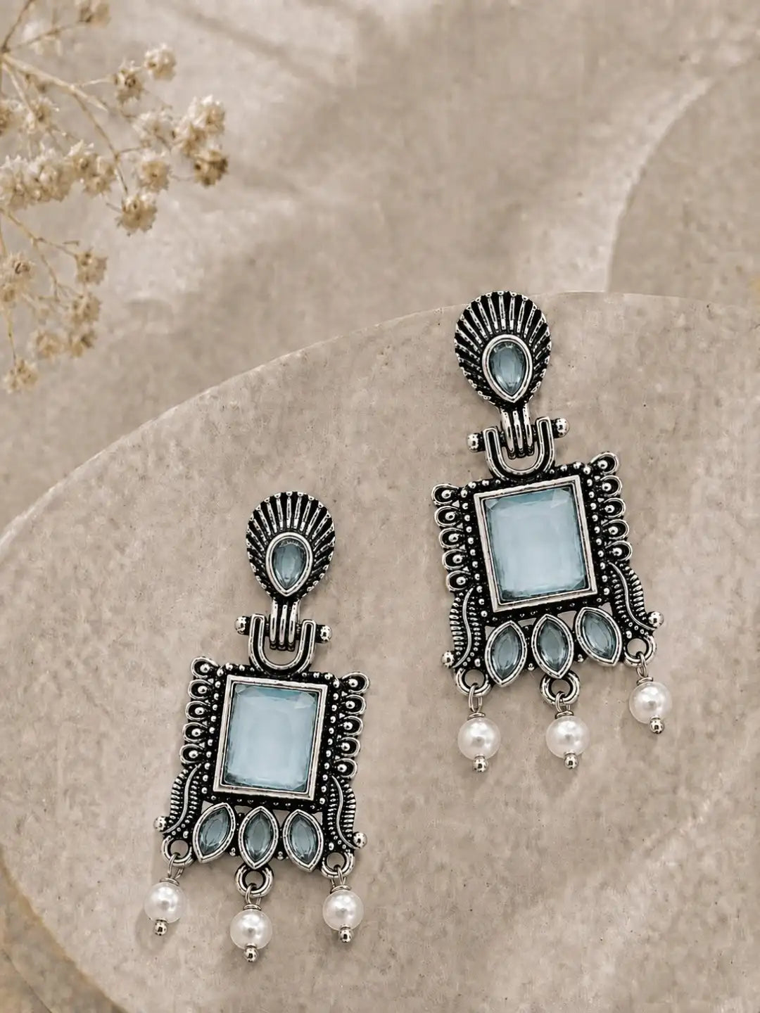 German Silver Mint Green Geometric Statement Drop Earrings