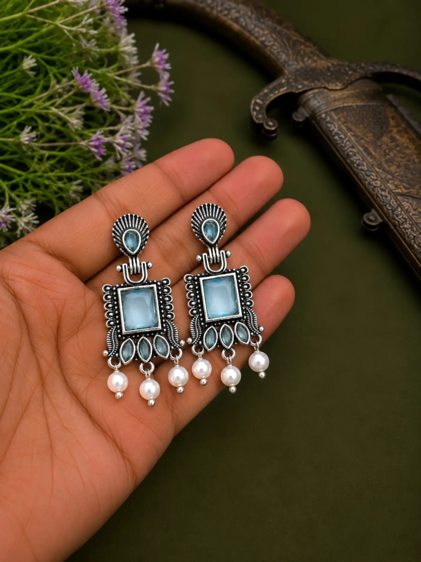 German Silver Mint Green Geometric Statement Drop Earrings