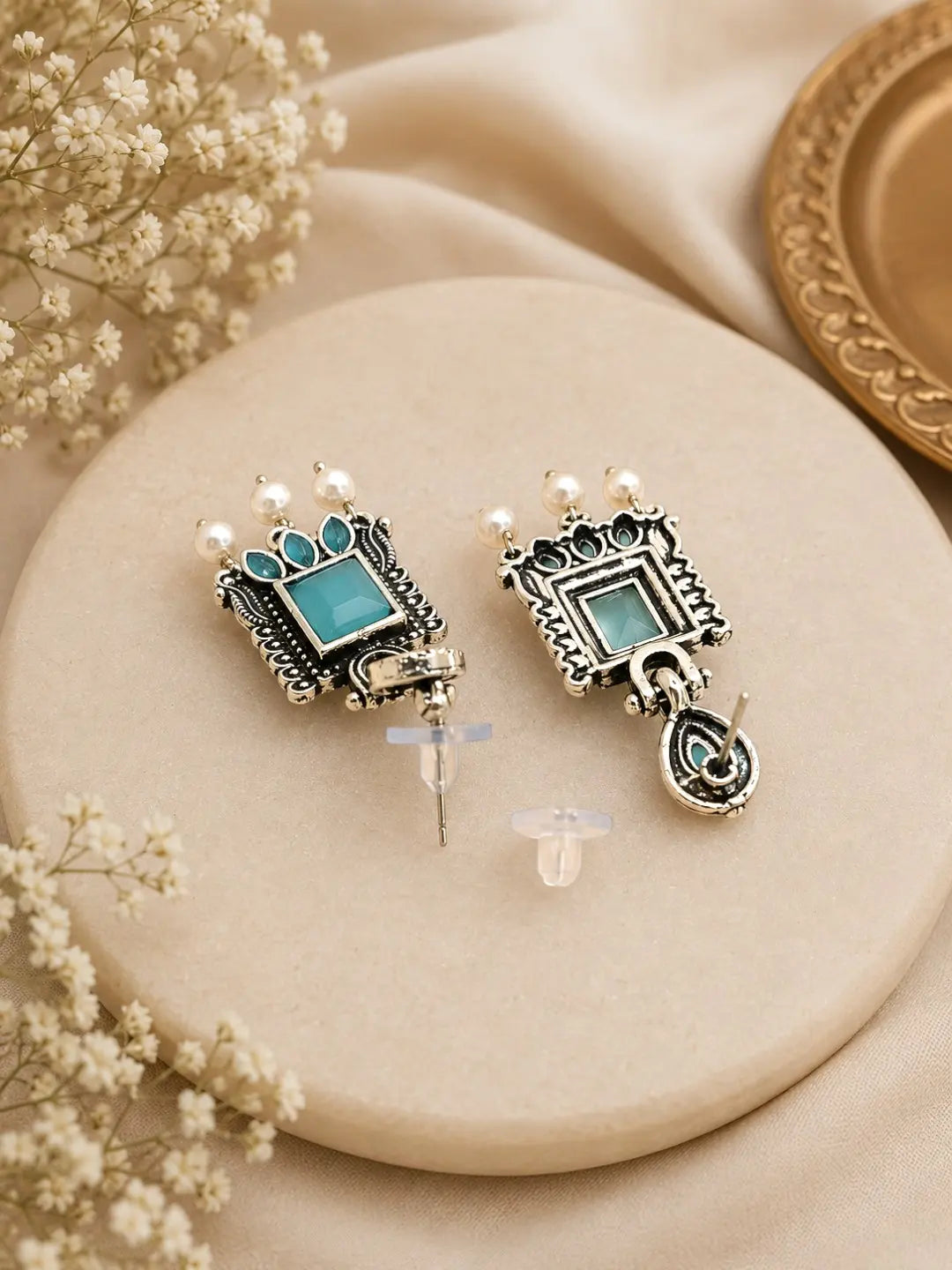 German Silver Mint Green Geometric Statement Drop Earrings