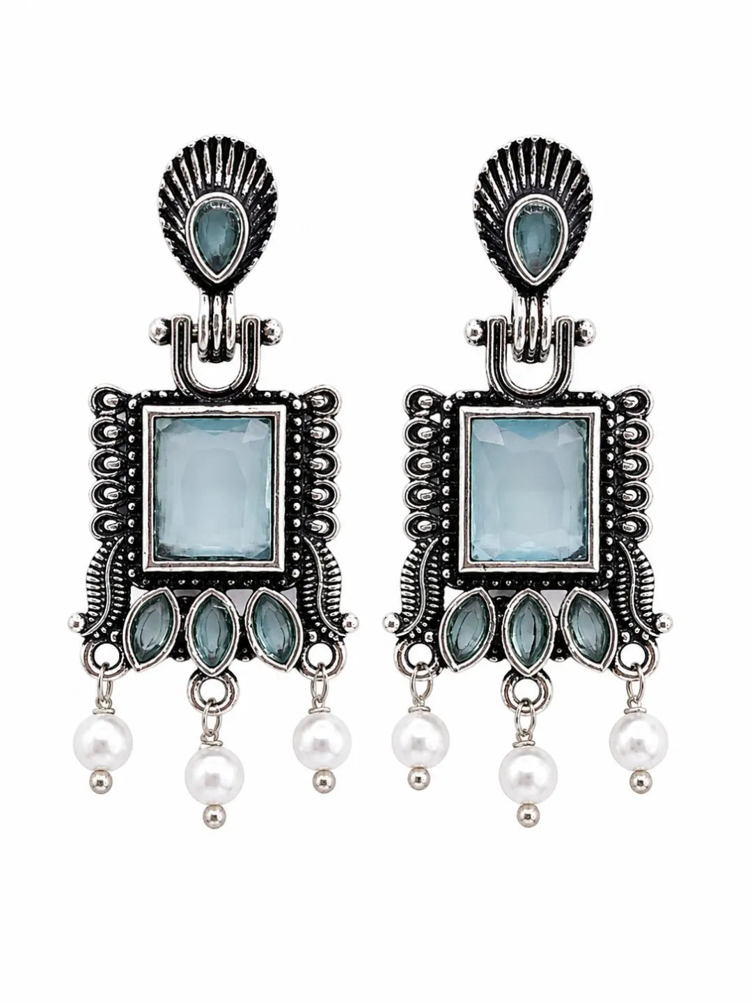 German Silver Mint Green Geometric Statement Drop Earrings