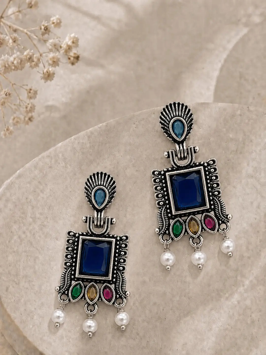 German Silver Multicolor Geometric Statement Drop Earrings