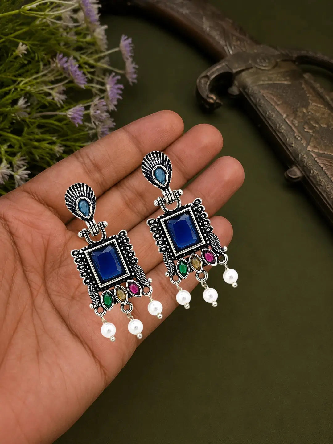 German Silver Multicolor Geometric Statement Drop Earrings