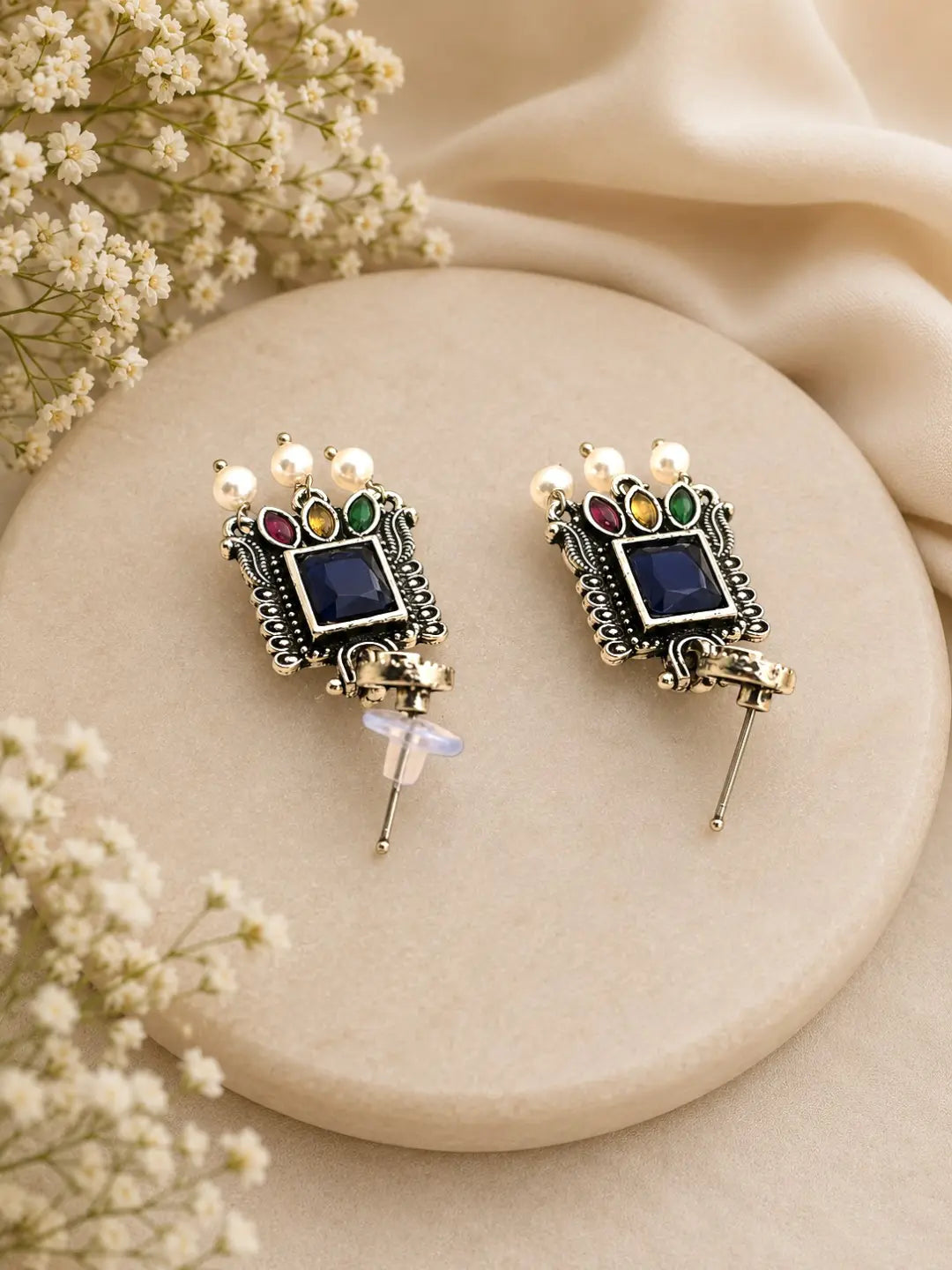 German Silver Multicolor Geometric Statement Drop Earrings