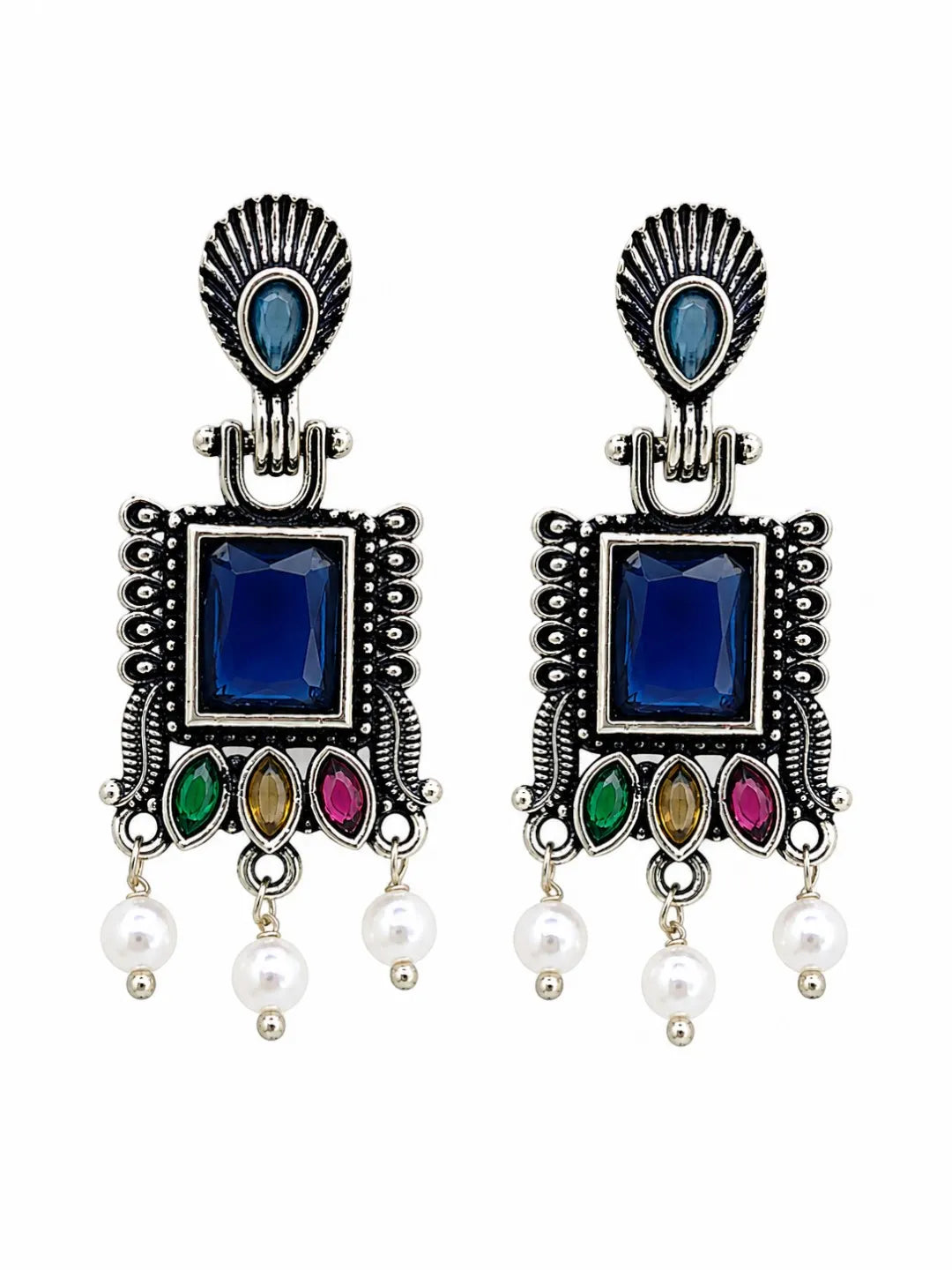 German Silver Multicolor Geometric Statement Drop Earrings