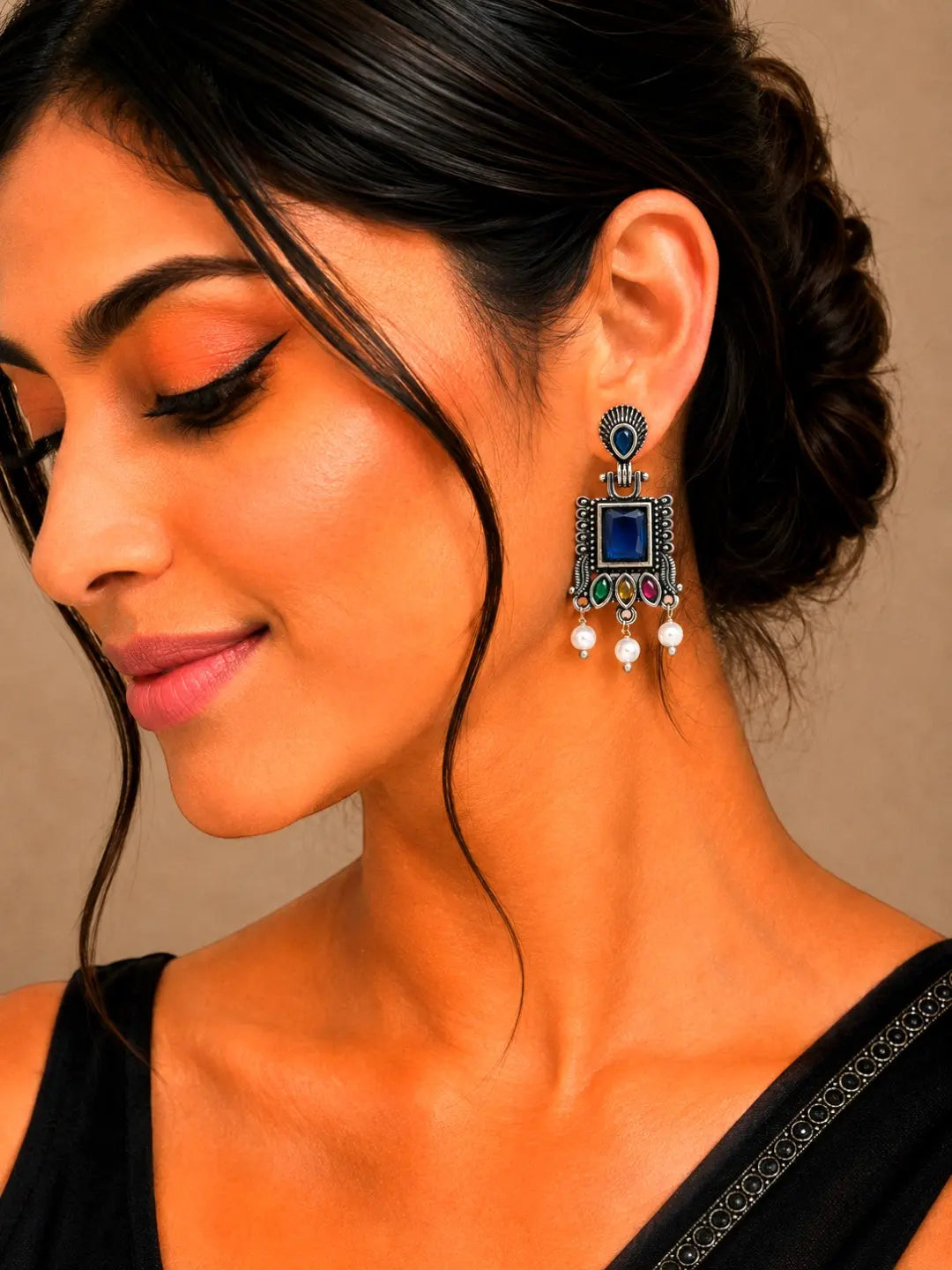 German Silver Multicolor Geometric Statement Drop Earrings