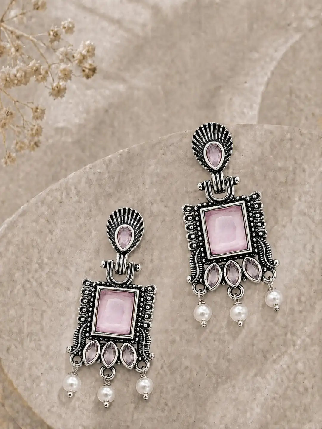 German Silver Pink Geometric Statement Drop Earrings