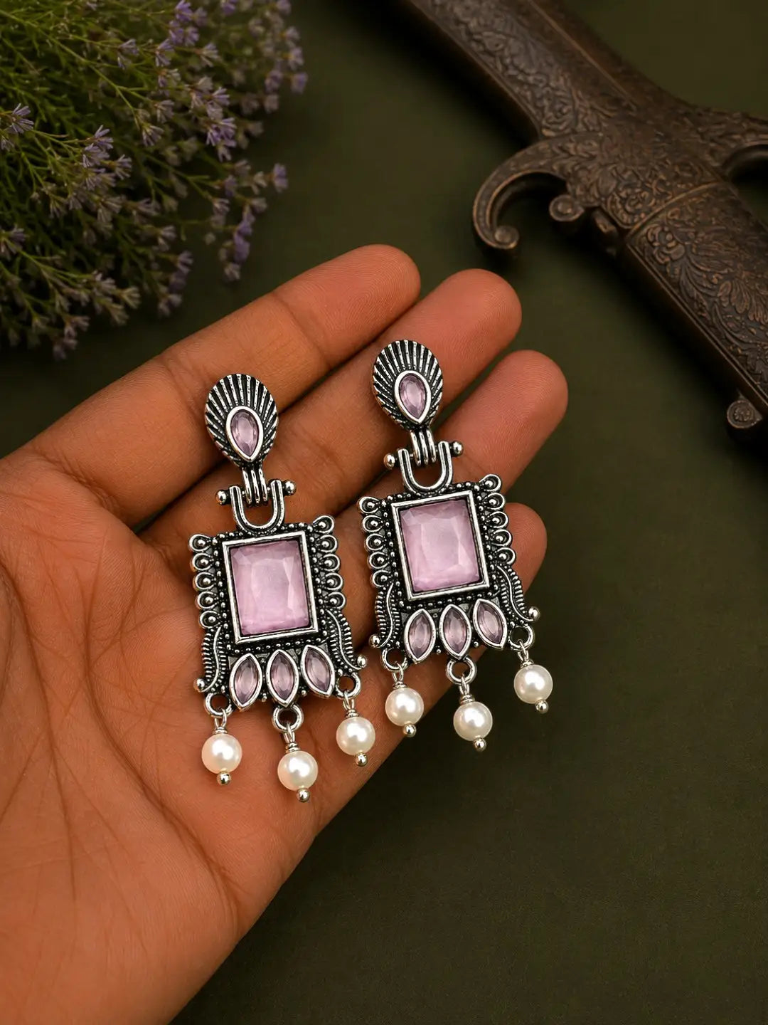 German Silver Pink Geometric Statement Drop Earrings
