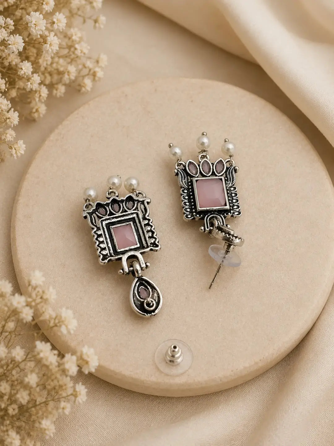 German Silver Pink Geometric Statement Drop Earrings