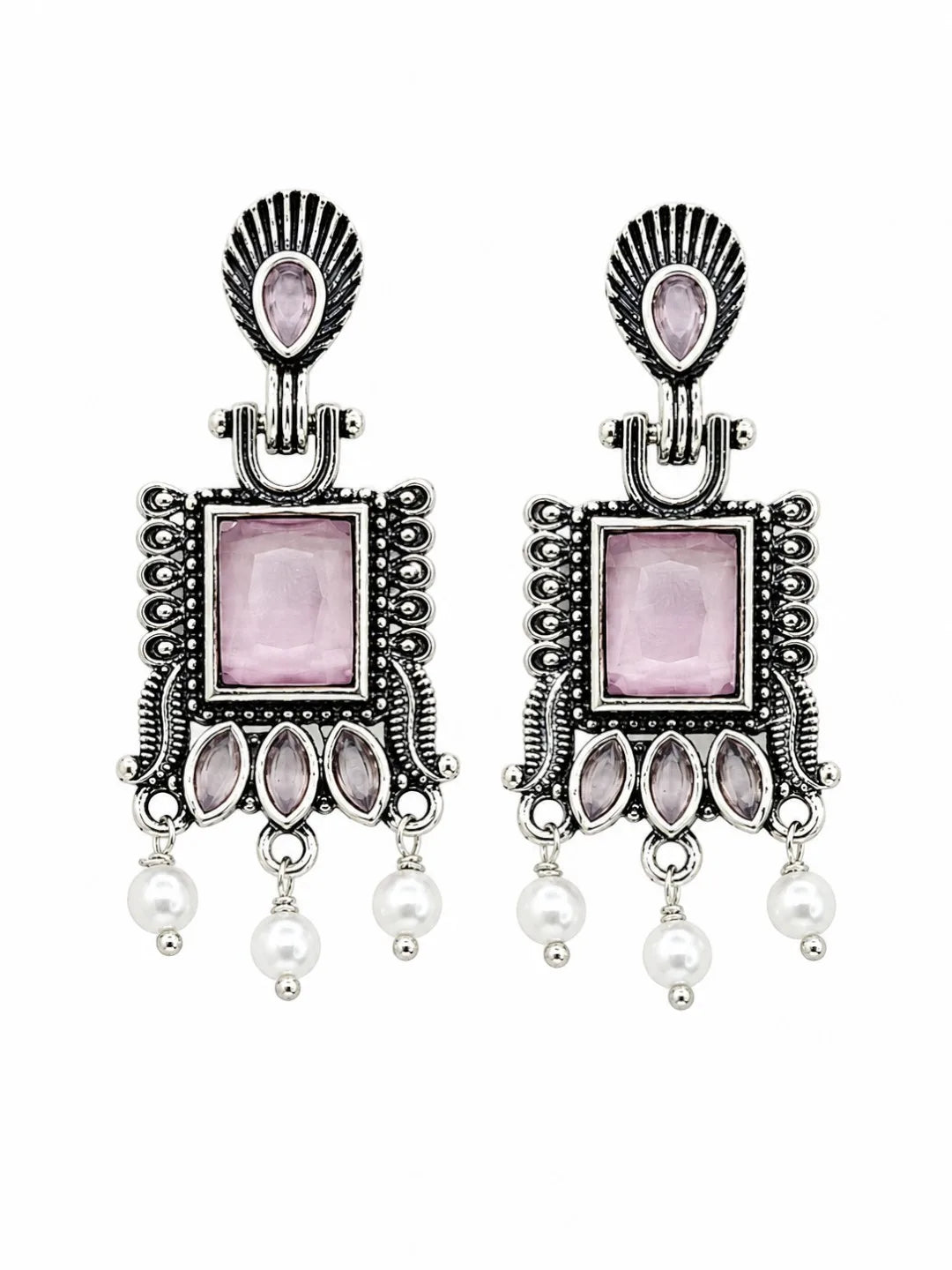 German Silver Pink Geometric Statement Drop Earrings