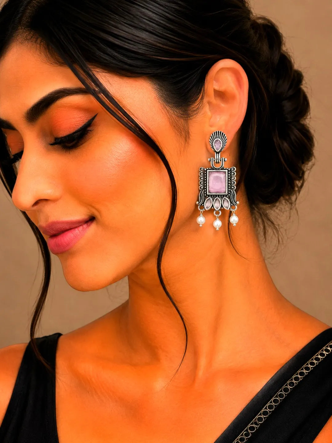 German Silver Pink Geometric Statement Drop Earrings