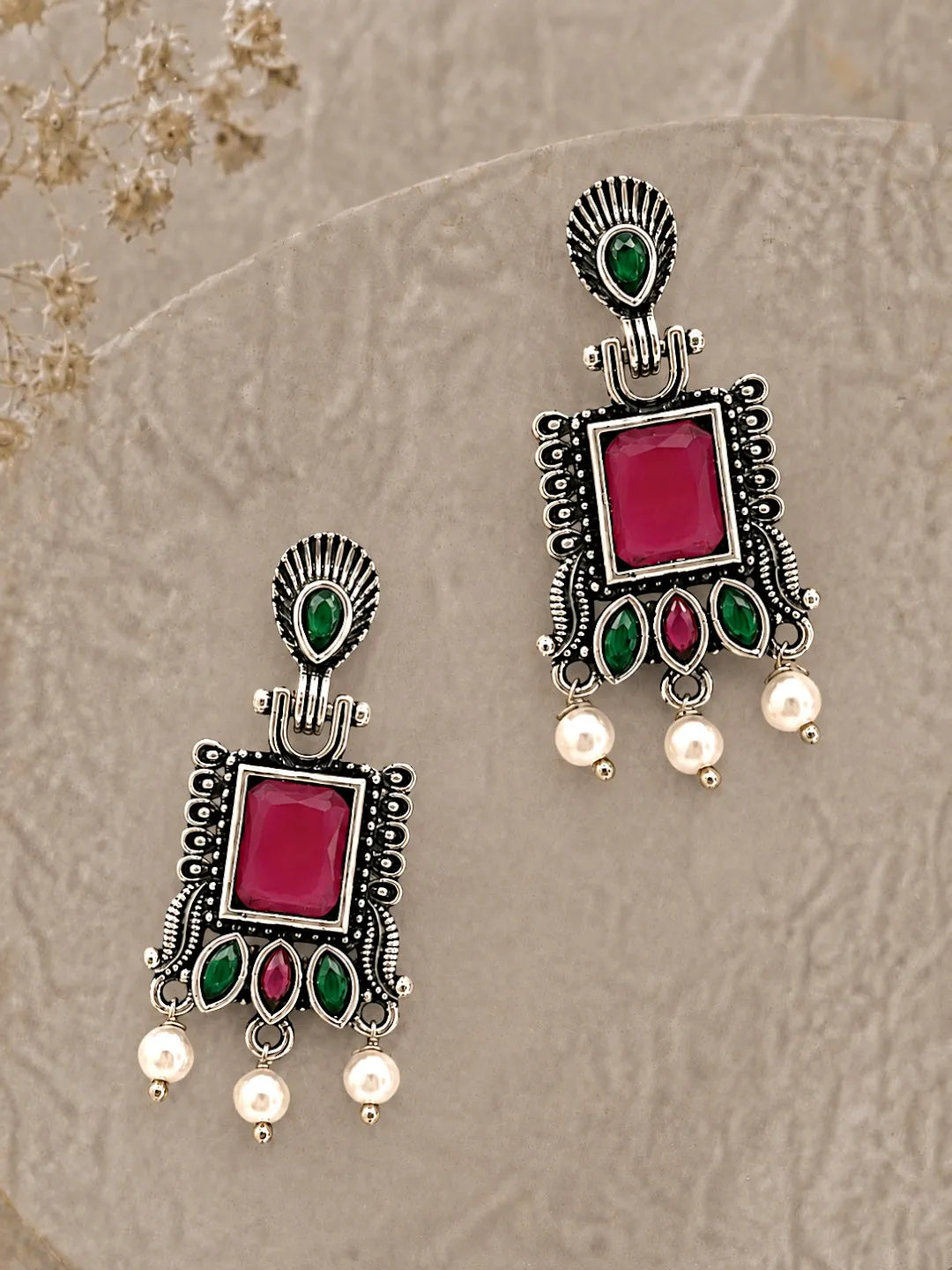 German Silver Red Green Geometric Statement Drop Earrings