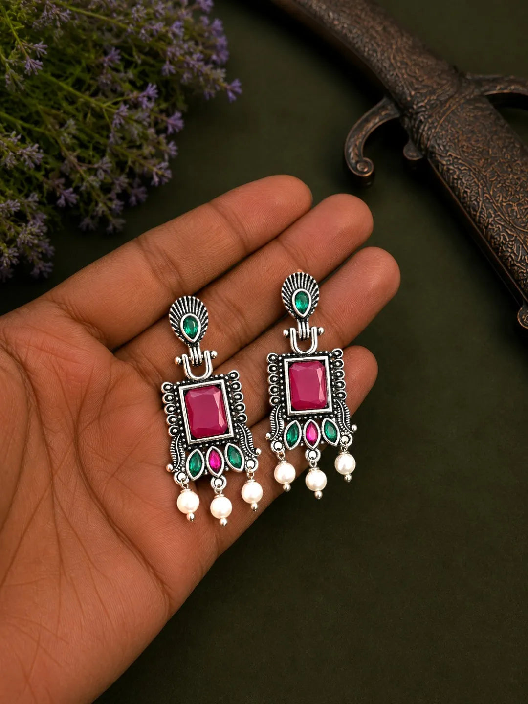 German Silver Red Green Geometric Statement Drop Earrings