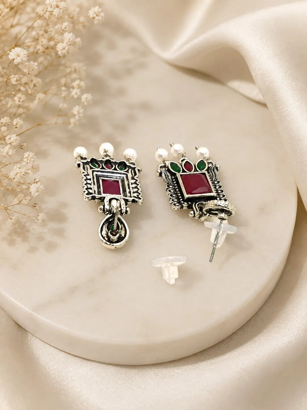 German Silver Red Green Geometric Statement Drop Earrings