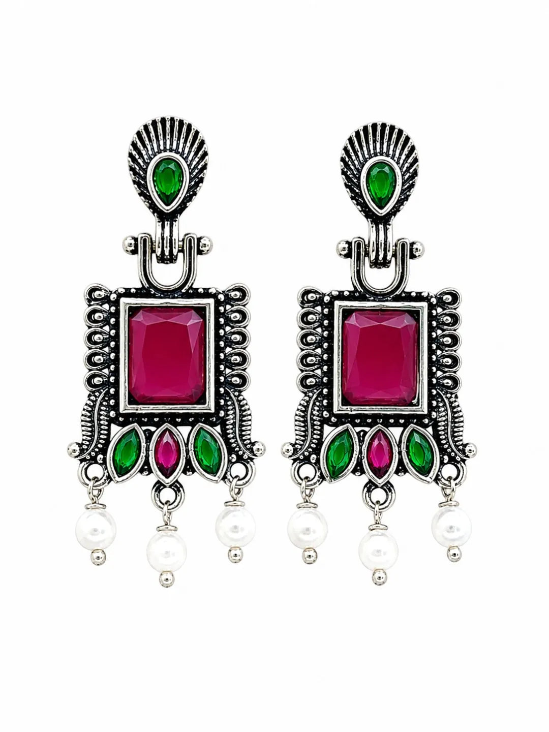 German Silver Red Green Geometric Statement Drop Earrings