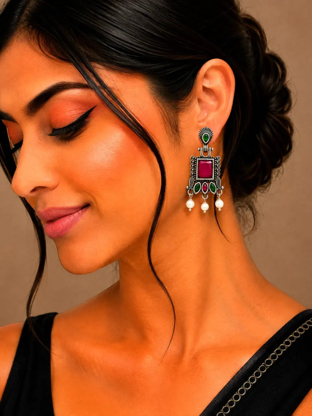 German Silver Red Green Geometric Statement Drop Earrings