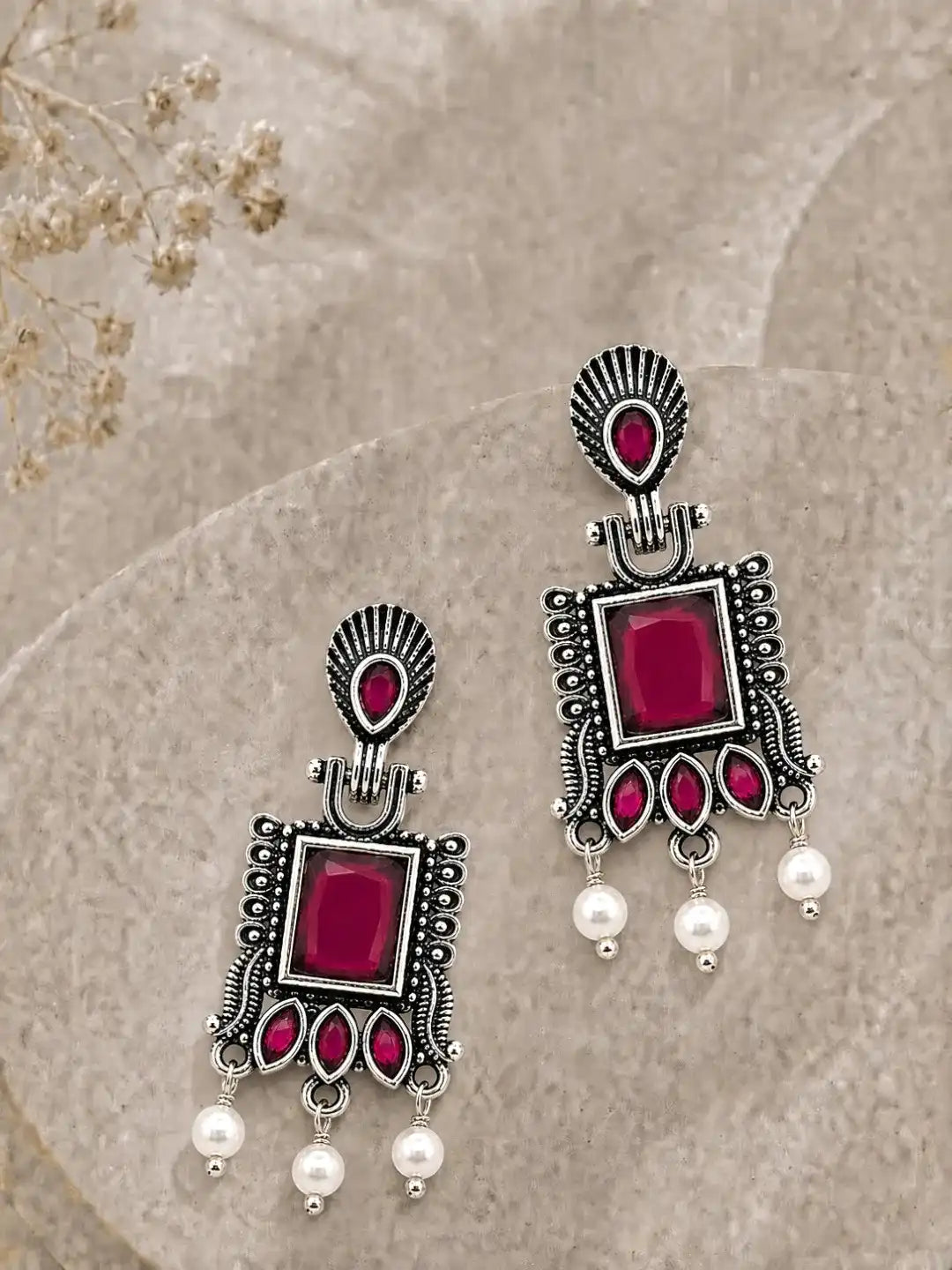 German Silver Ruby Red Geometric Statement Drop Earrings