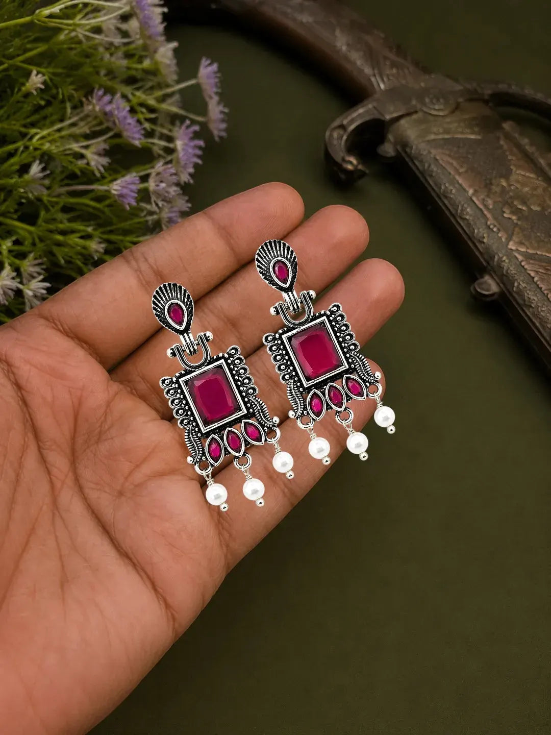German Silver Ruby Red Geometric Statement Drop Earrings