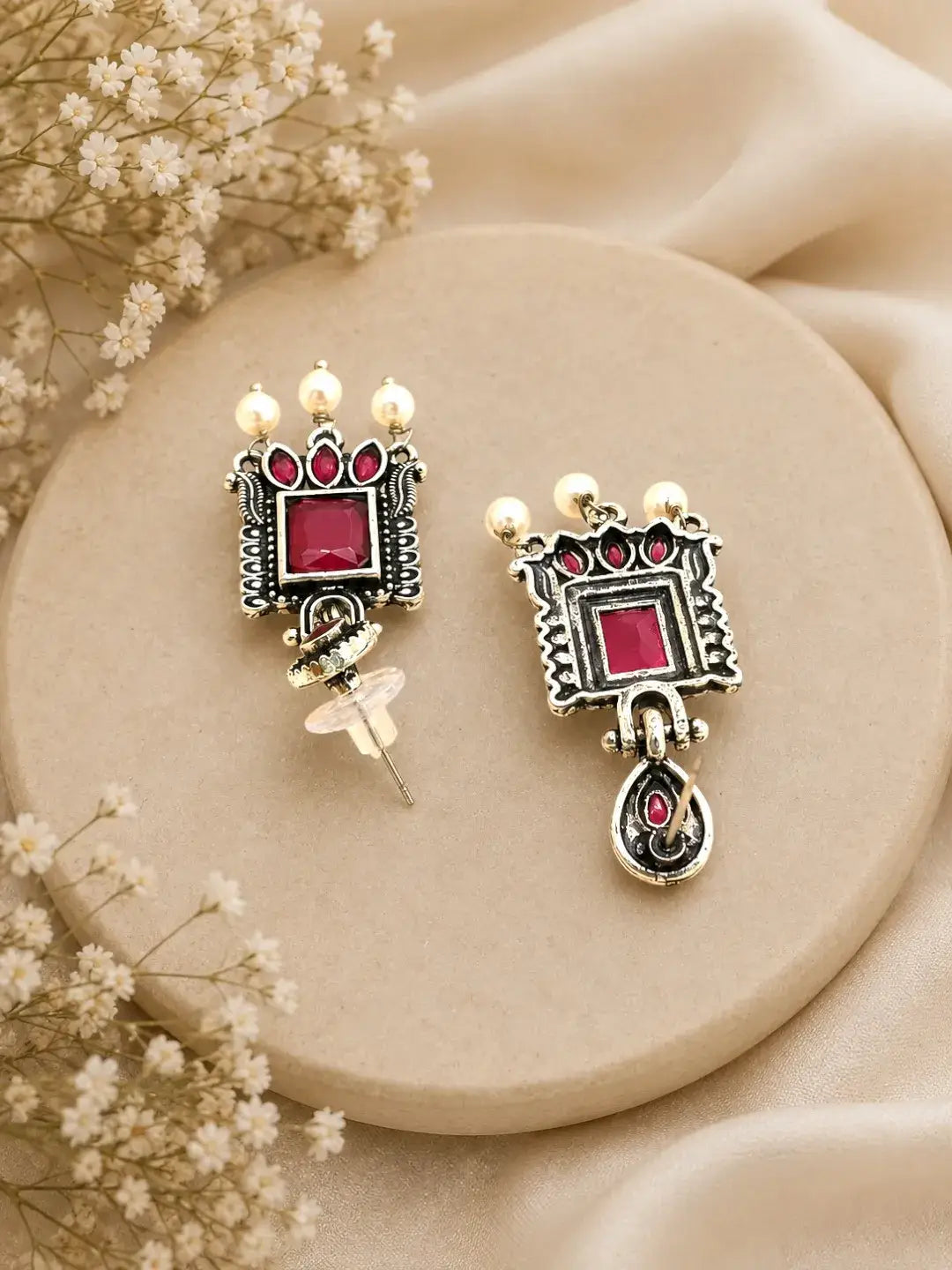 German Silver Ruby Red Geometric Statement Drop Earrings