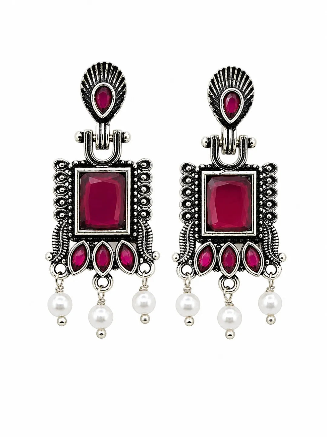 German Silver Ruby Red Geometric Statement Drop Earrings