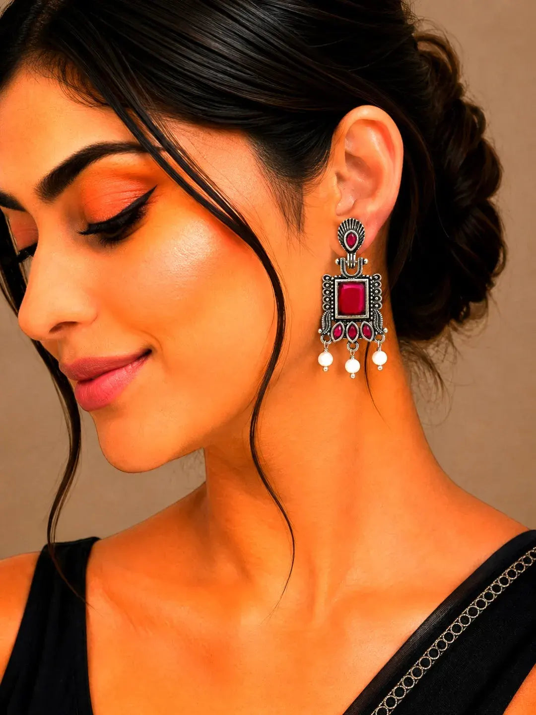 German Silver Ruby Red Geometric Statement Drop Earrings