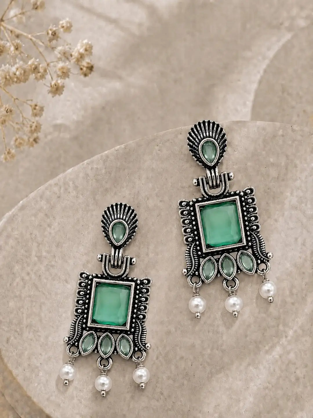 German Silver Sea Green Geometric Statement Drop Earrings