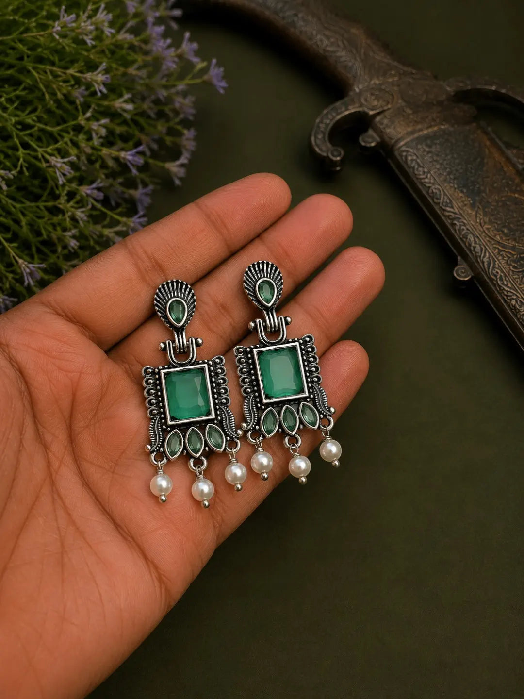 German Silver Sea Green Geometric Statement Drop Earrings