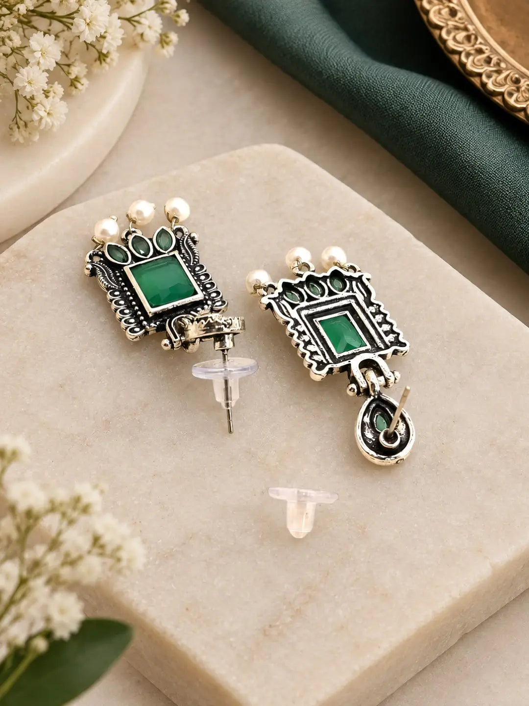 German Silver Sea Green Geometric Statement Drop Earrings