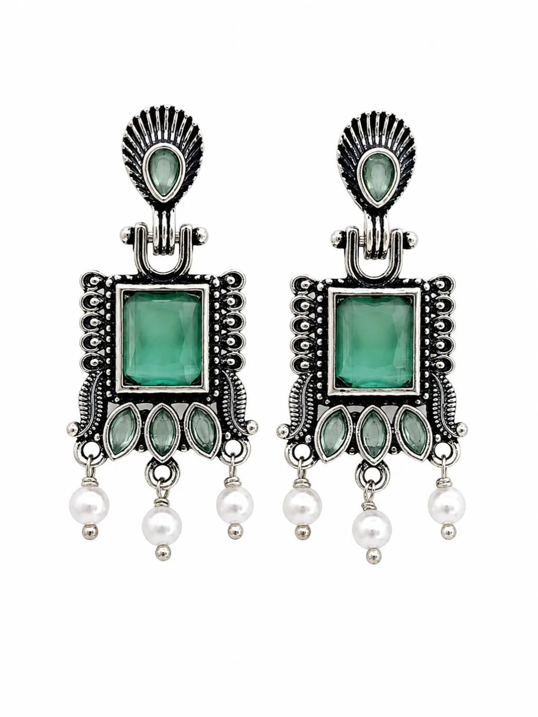 German Silver Sea Green Geometric Statement Drop Earrings