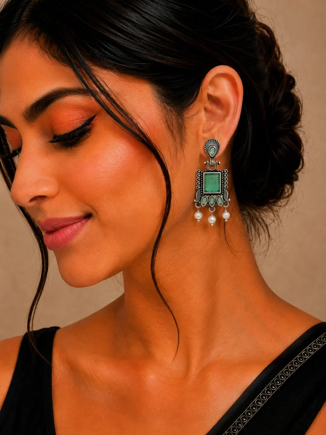 German Silver Sea Green Geometric Statement Drop Earrings