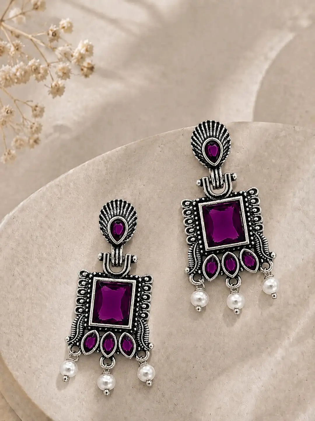 German Silver Wine Geometric Statement Drop Earrings