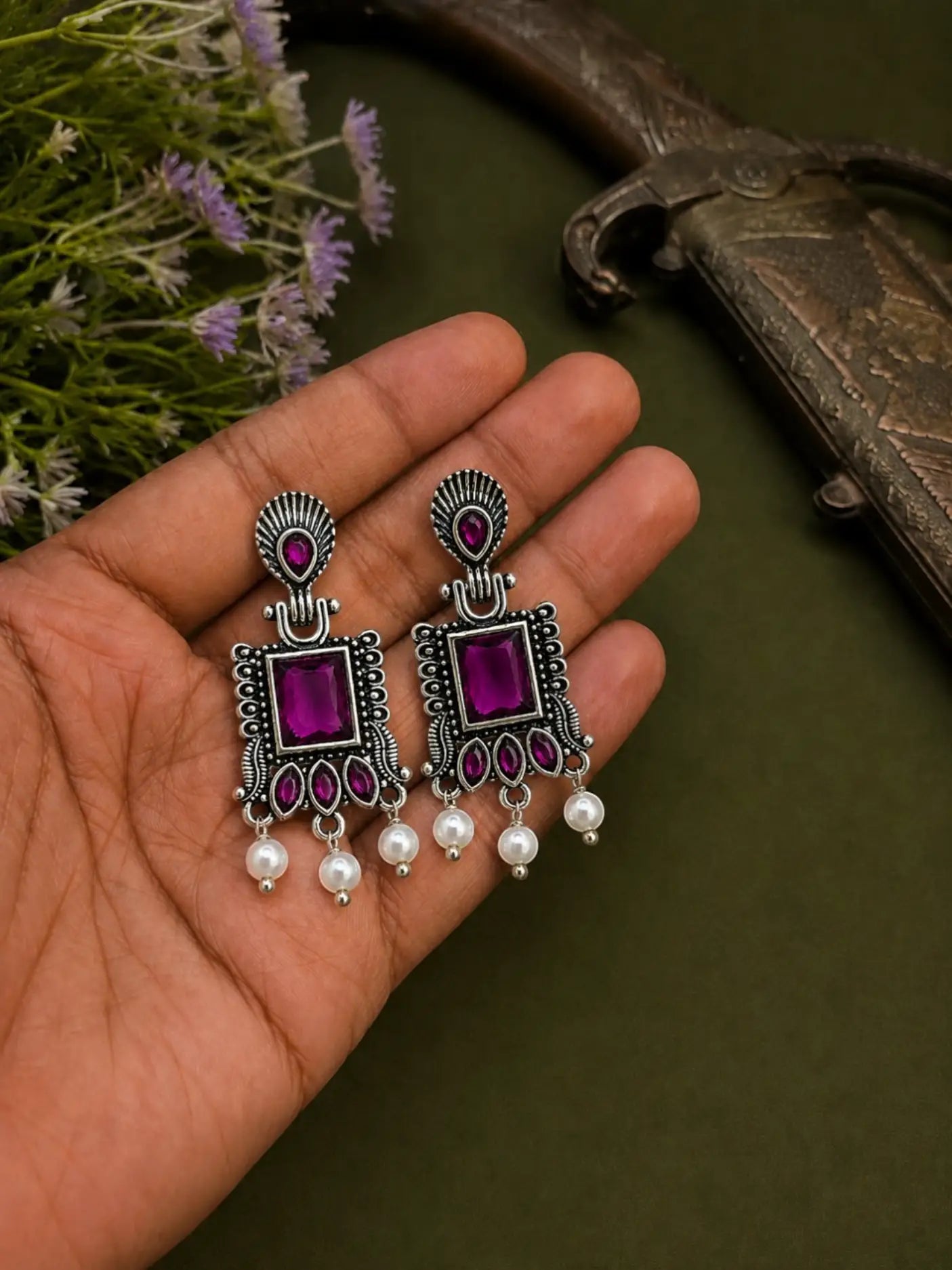 German Silver Wine Geometric Statement Drop Earrings