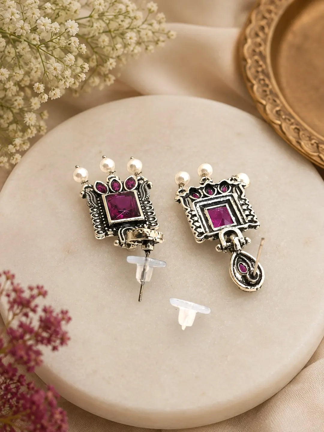 German Silver Wine Geometric Statement Drop Earrings