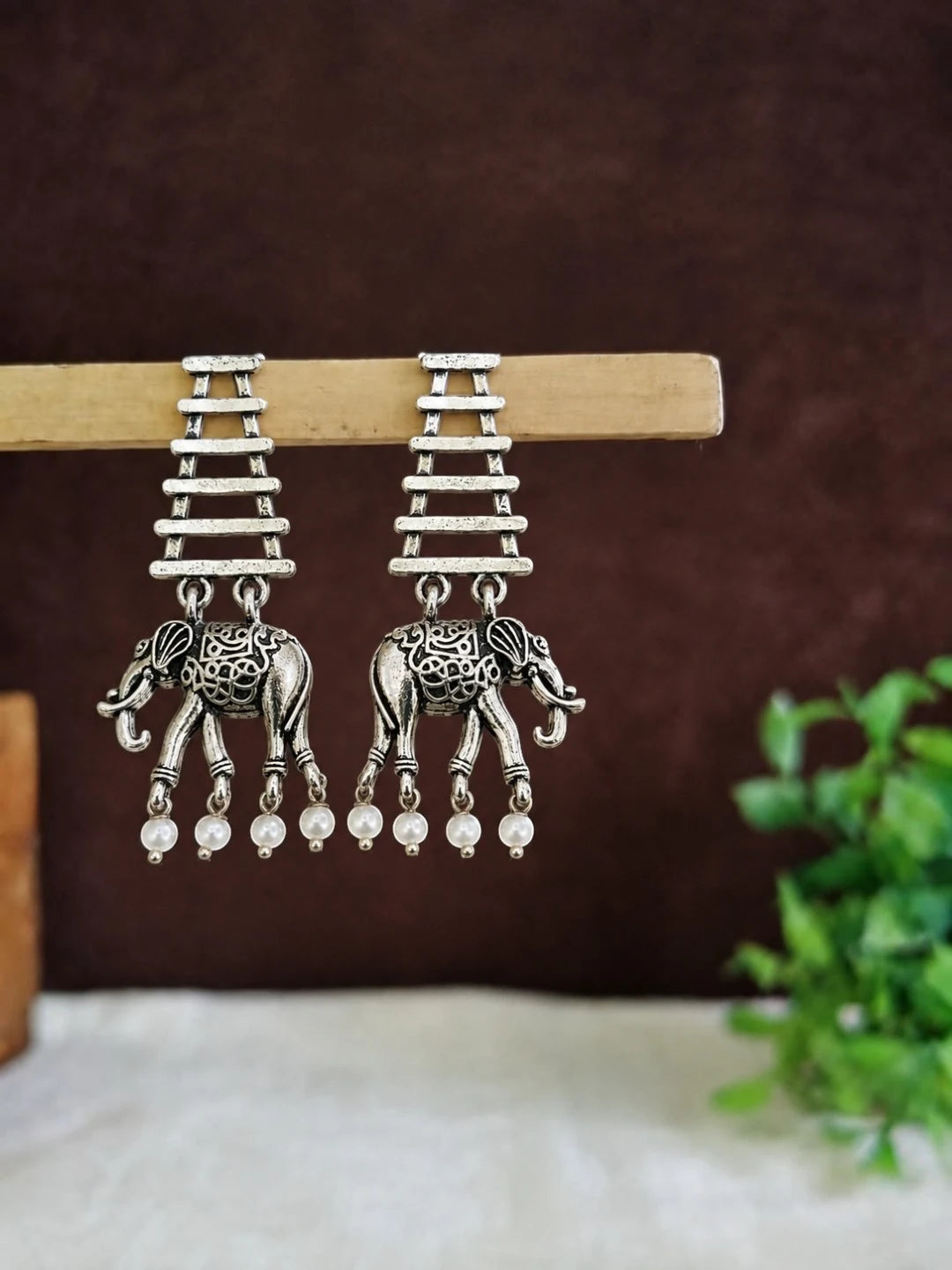 Silver Oxidised Elephant Motif Dangler Earrings