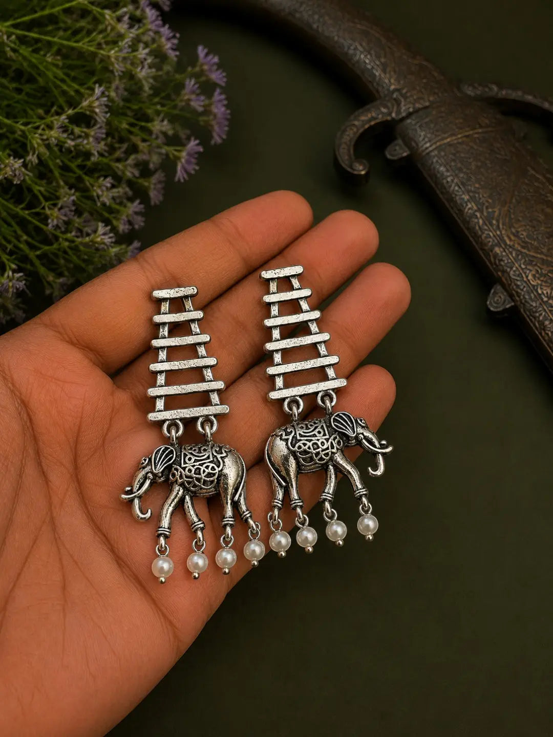 Silver Oxidised Elephant Motif Dangler Earrings
