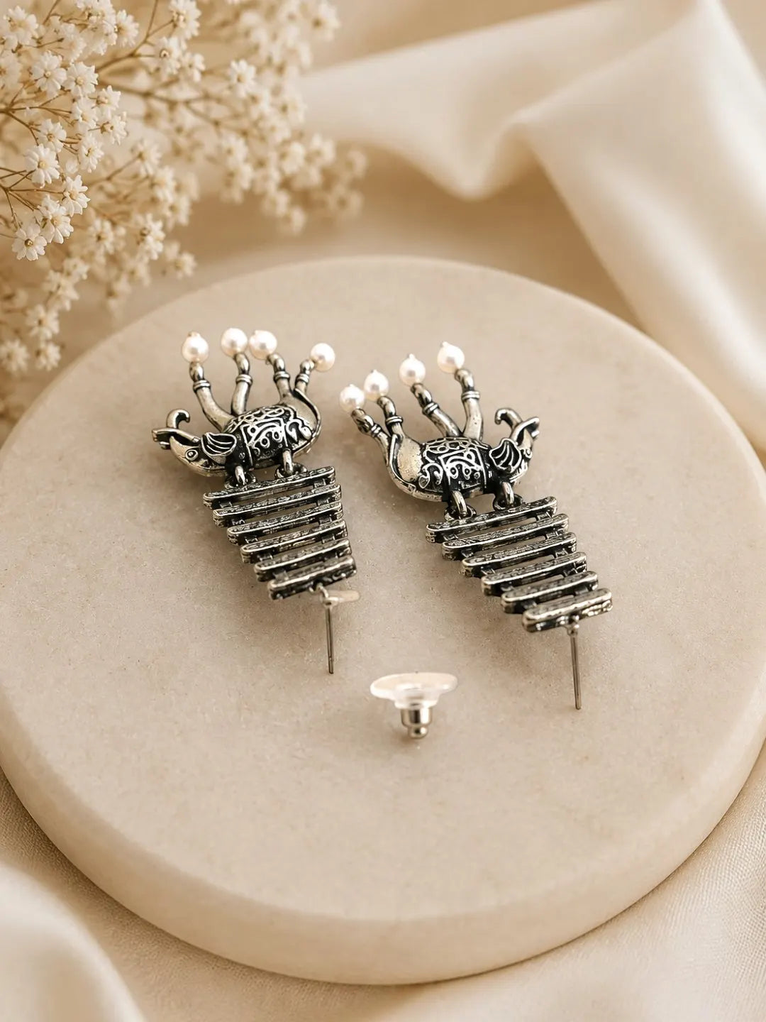 Silver Oxidised Elephant Motif Dangler Earrings