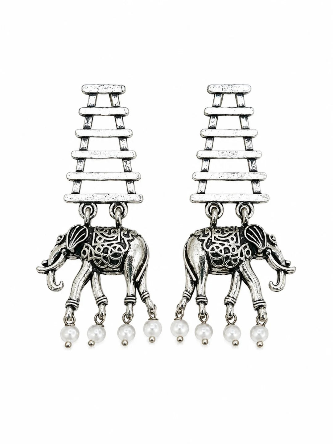 Silver Oxidised Elephant Motif Dangler Earrings