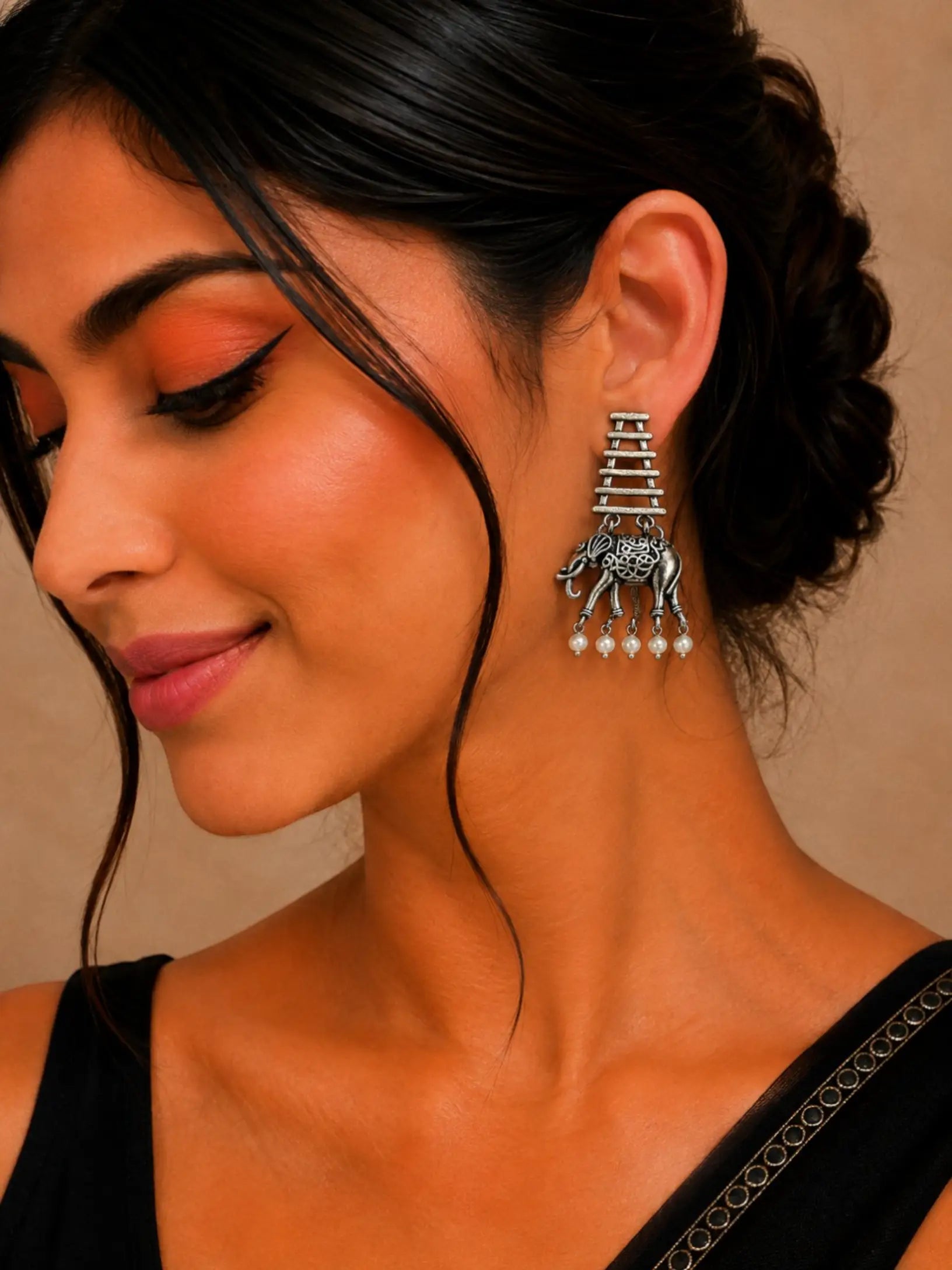 Silver Oxidised Elephant Motif Dangler Earrings