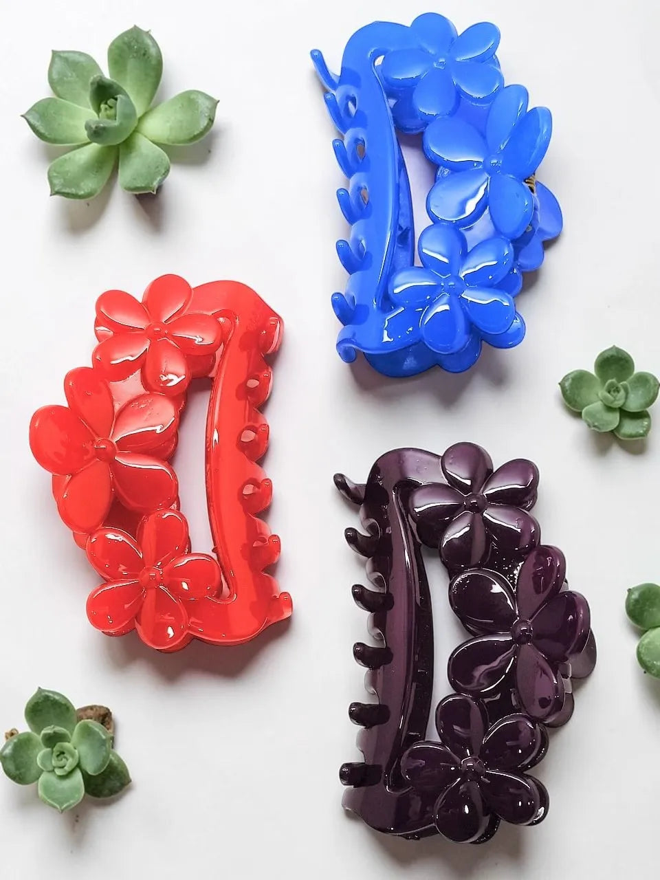 Set Of 3 Diff Floral Claw Clips