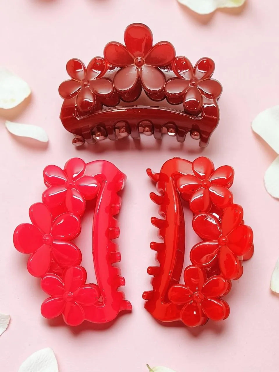 Set Of 3 Diff Color Floral Claw Clips