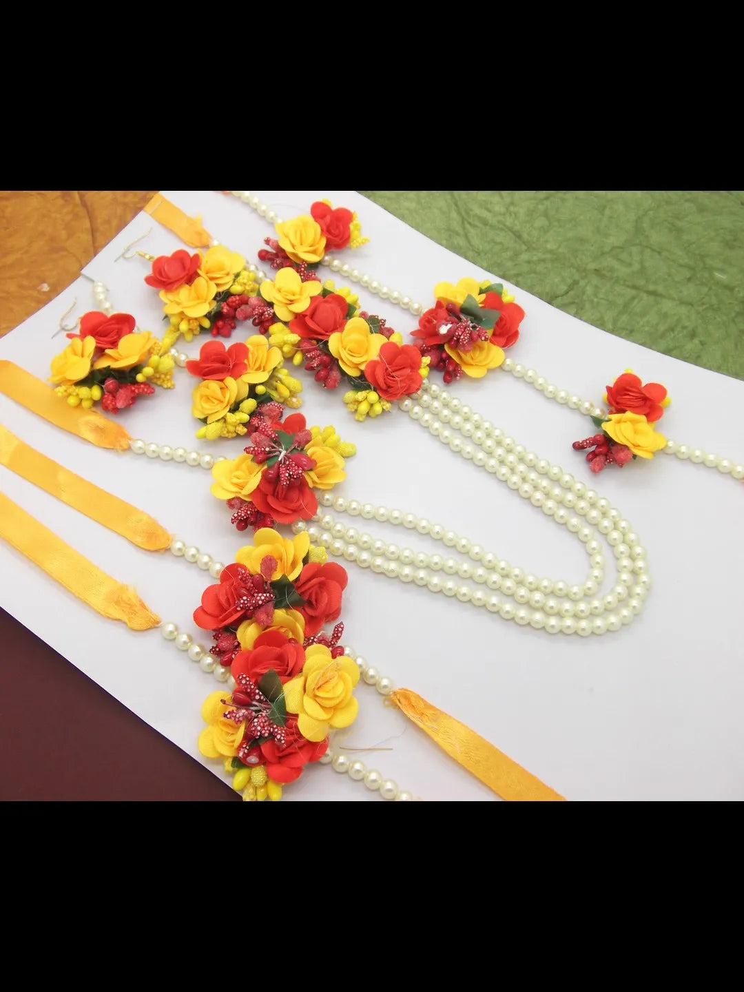 Set of 5 Artificial-Studded & Beaded Floral Jewellery Set