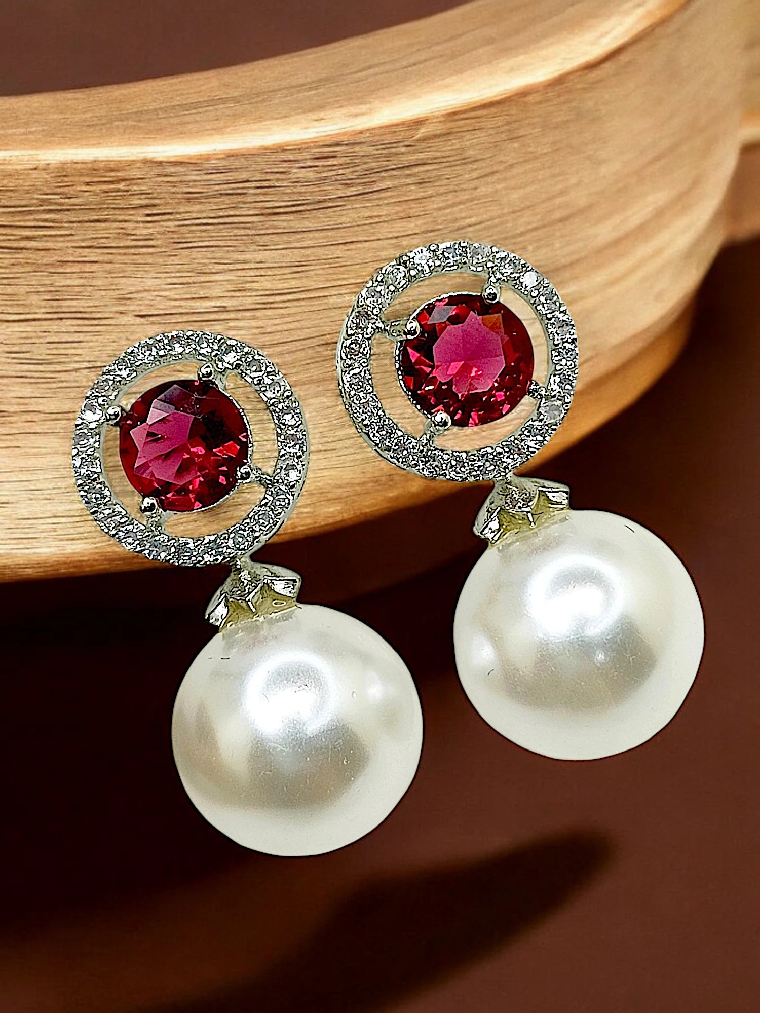 Red Ruby and Pearl Drop Earrings with Diamond Halo