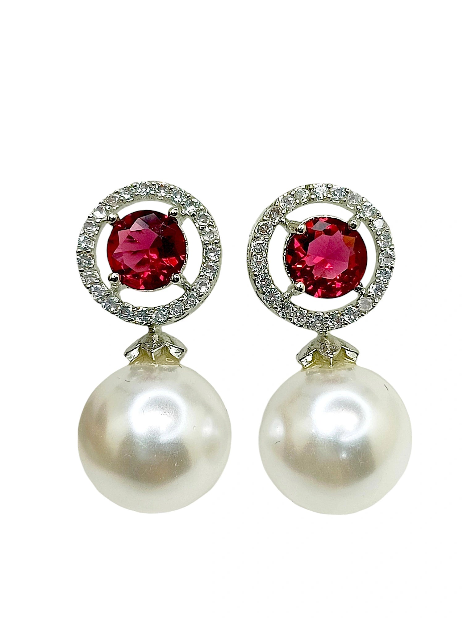 Red Ruby and Pearl Drop Earrings with Diamond Halo