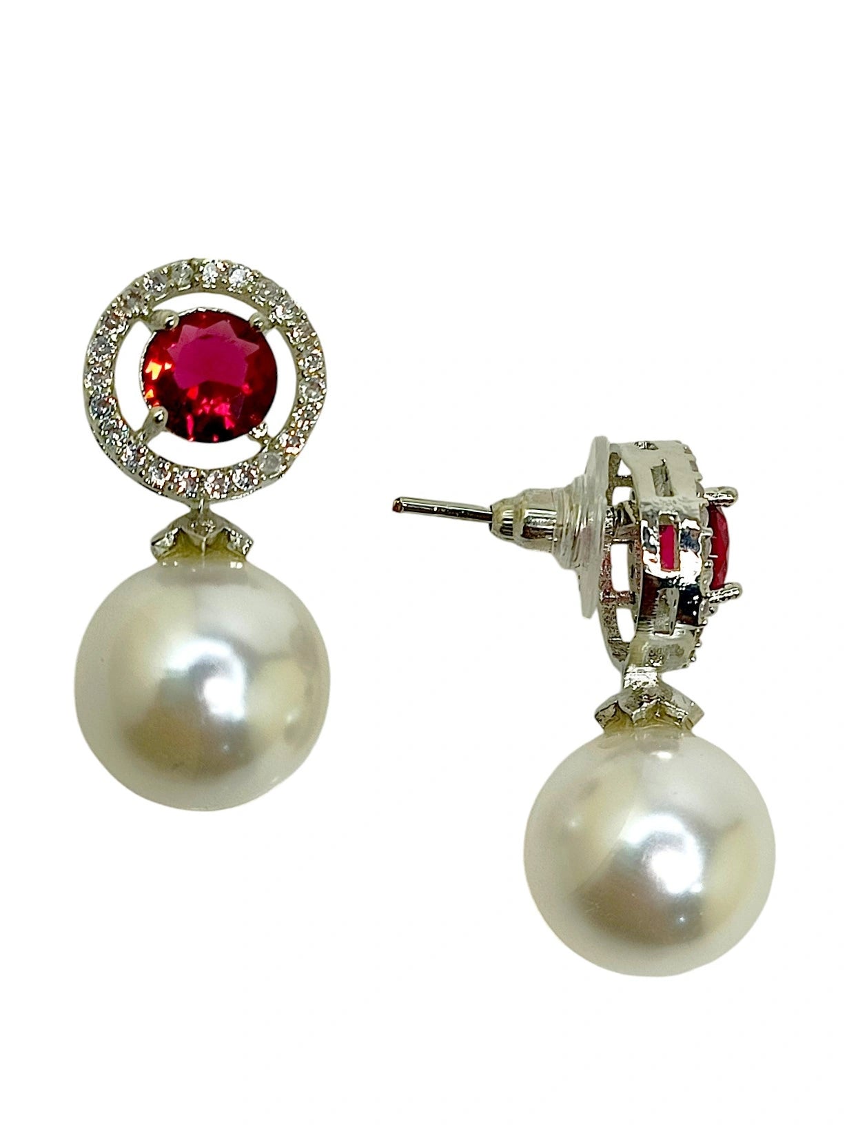 Red Ruby and Pearl Drop Earrings with Diamond Halo